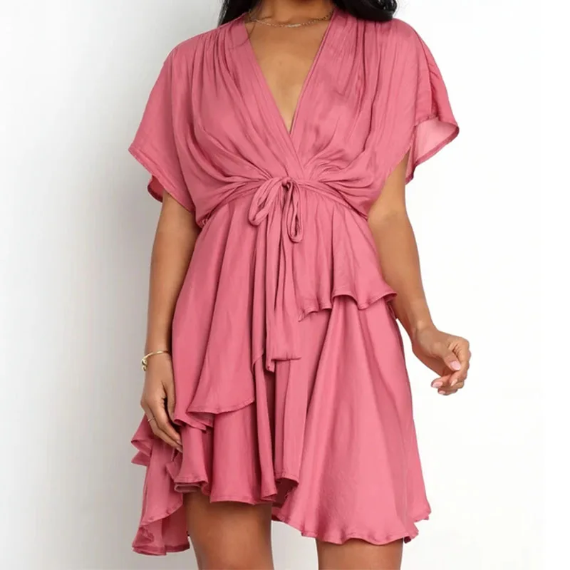 Женское Короткое Кимоно с V-образным вырезом, поясом и эластичным поясом