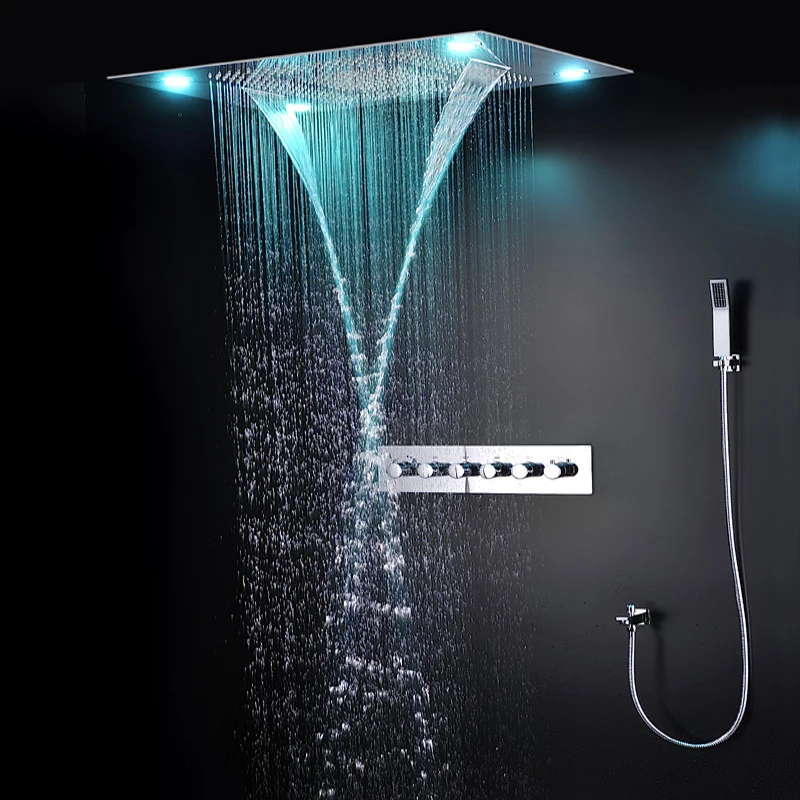 High Quality 24Inch LED Shower Set 5 Function Big Rain Shower Head Thermostatic Mixer Waterfall Mist Ceiling Panel Mirror Faucet