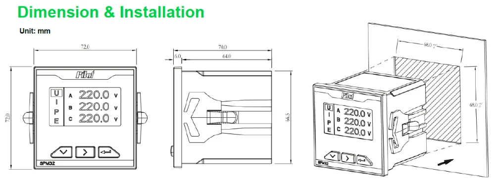 PILOT SPM32 72*72mm digital multifunction power meter panel meter Rated contact capacity: AC 250V/5A or DC 30V/5A