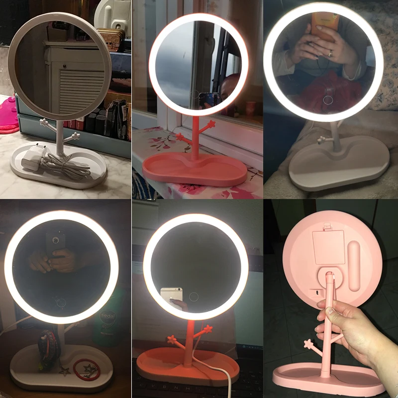 Led Light Makeup Mirror Storage Face Adjustable Touch Dimmer Vanity Backlit Table Cosmetic Mirror