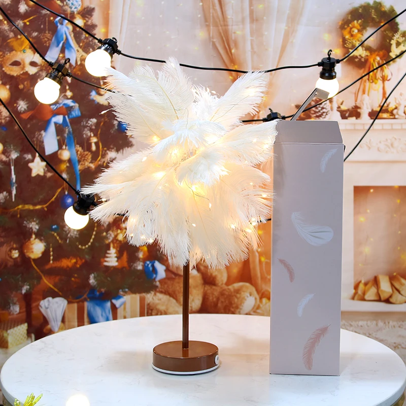 New products christmas decoration supplies 80L white Feather copper wire christmas tree led lighting for tree night light gifts