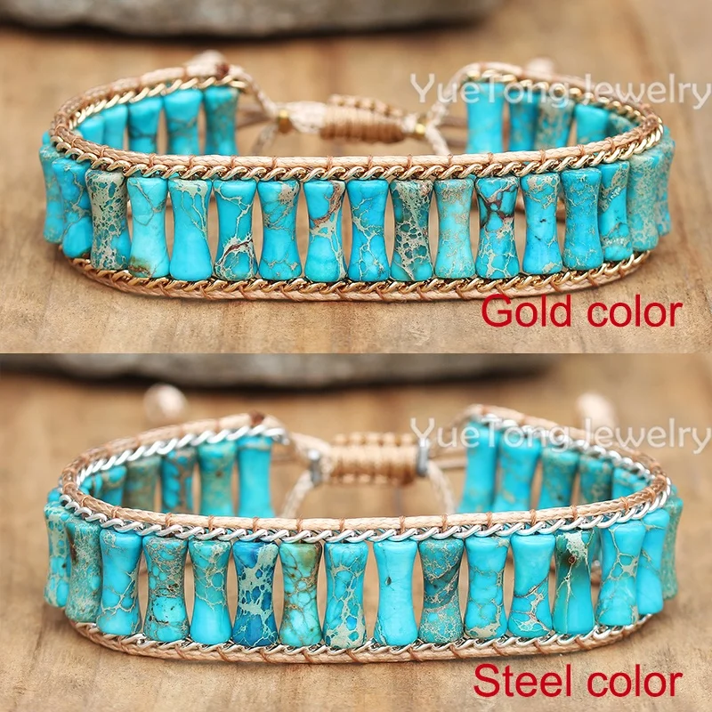 Handmade Natural Stone Bamboo Tube Beads 7 Chakra Single Wrap Cuff Bracelet Vegan Gold Stainless Steel Chain Jewelry Wholesale