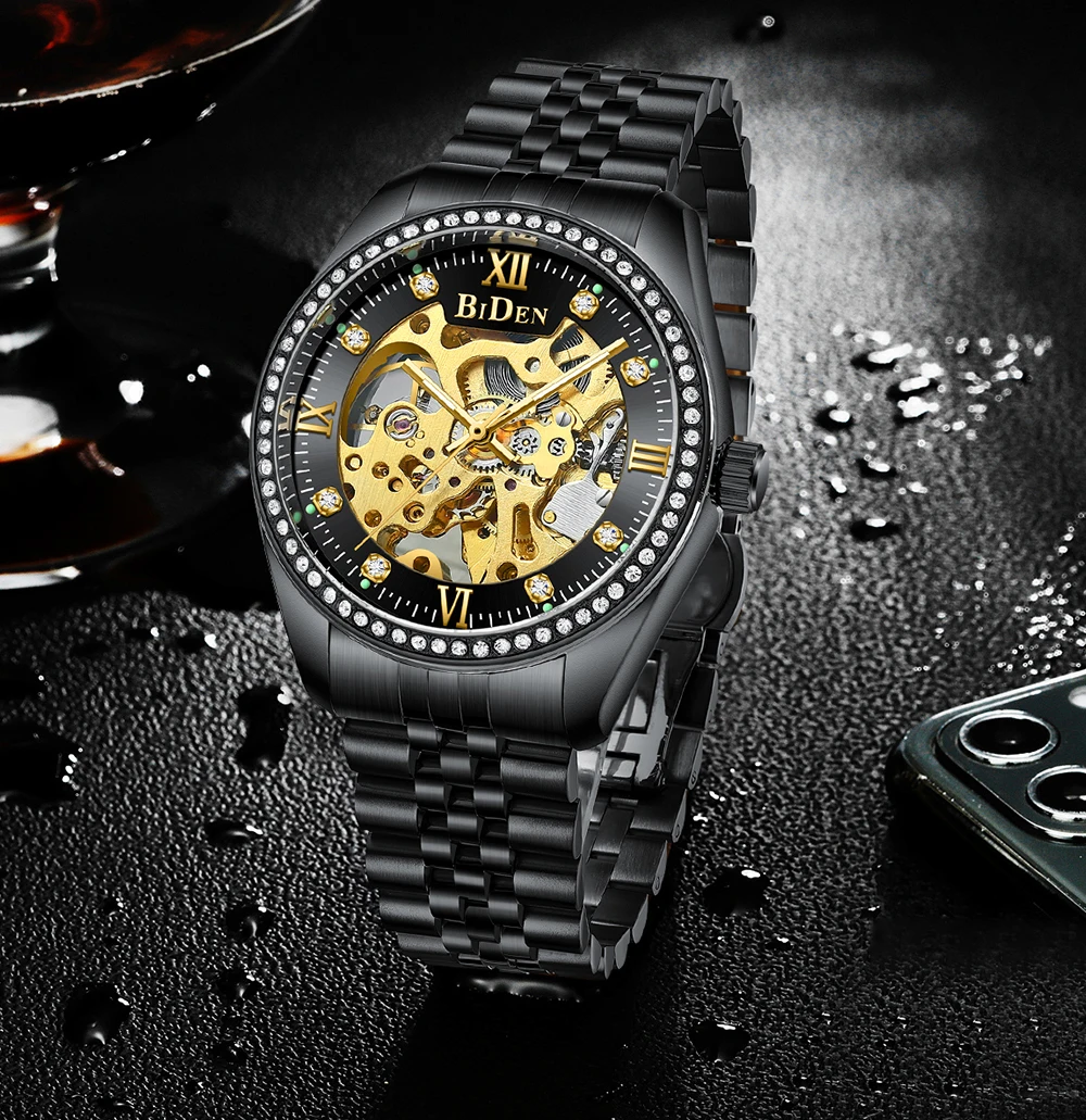BIDEN new arrival luxury diamond skeleton gold stainless steel mechanical watches in wristwatch