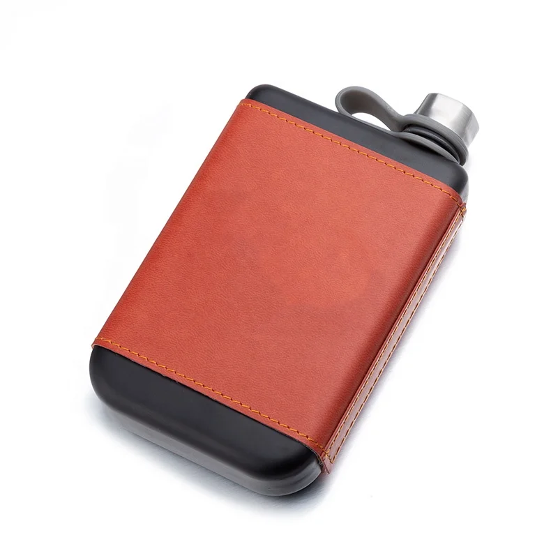 8oz Custom Leather Square Hip Flask BPA Free Stainless Steel Classic Matte Black Whiskey Vodka liquor Alcohol Bottle Gift Set