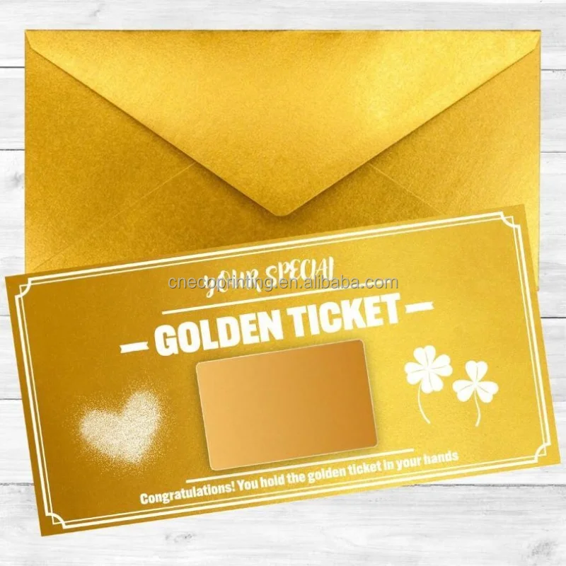Custom Printing Gift Voucher Label Your Golden Ticket Scratch Sticker Card with Envelope