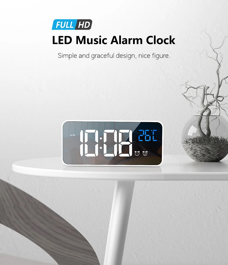 Hot Sell Mirror LED Alarm Clock Multi-function Digital Electronic Temperature Snooze Clock Table