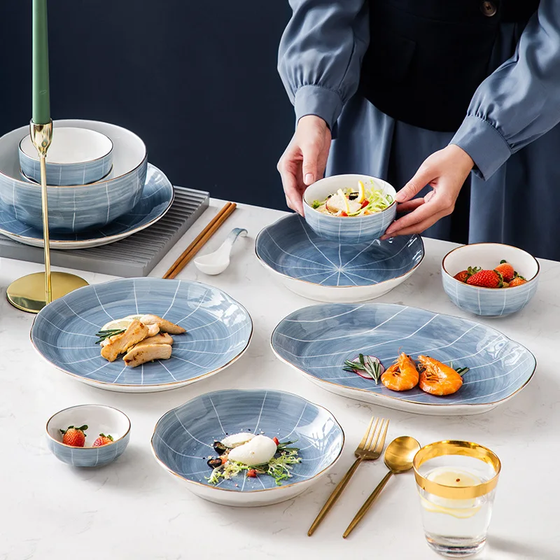 ins gold rim striped line glaze gradient household soup bowl plate ceramic dinnerware sets