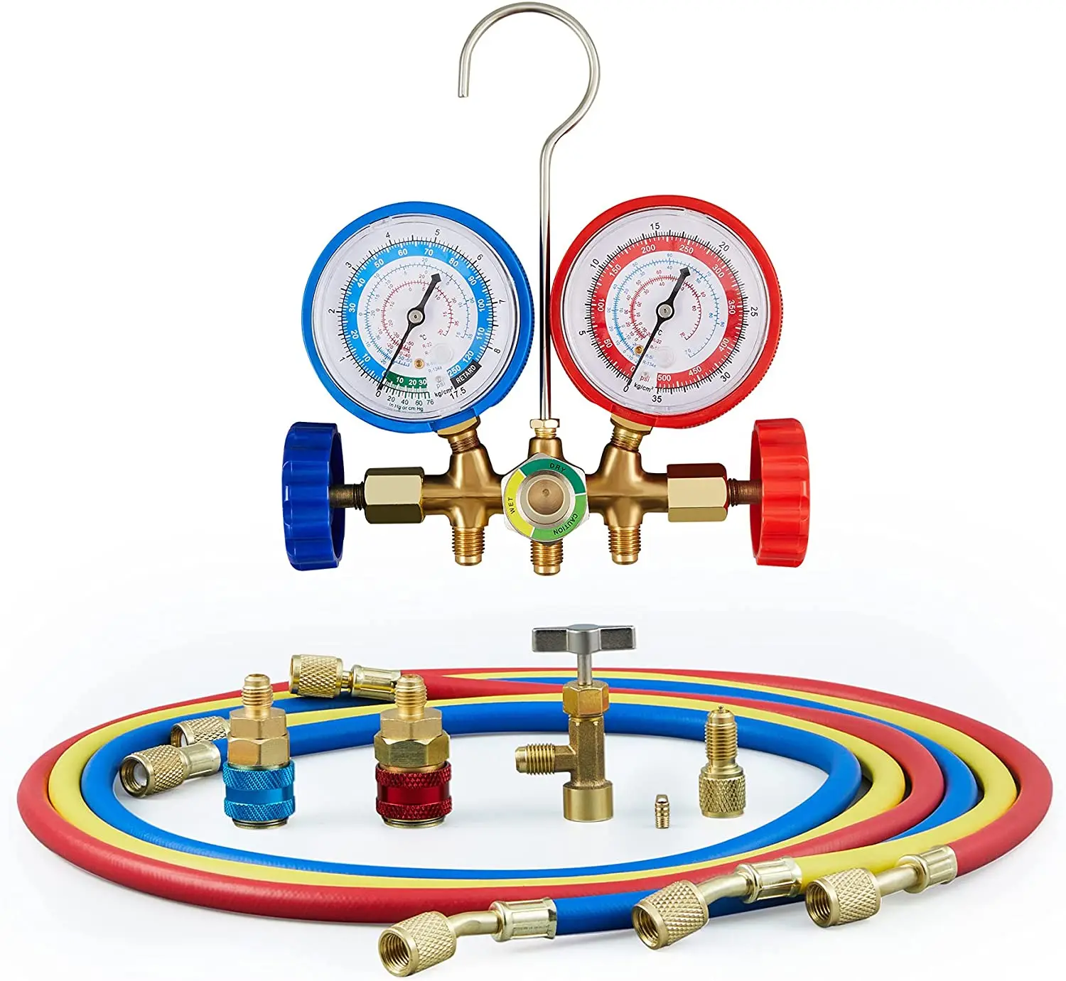 Automotive AC Gauge Set for R134a R12 R22 R502, 3 Way AC Manifold Gauge Set with 5FT Hoses Couplers & Adapter For HVAC