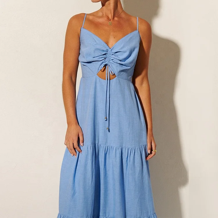 Low MOQ Factories Custom Maxi Dresses Women Summer Clothing High Quality Hollow Out Pleated Linen Beach Vaction  Dress
