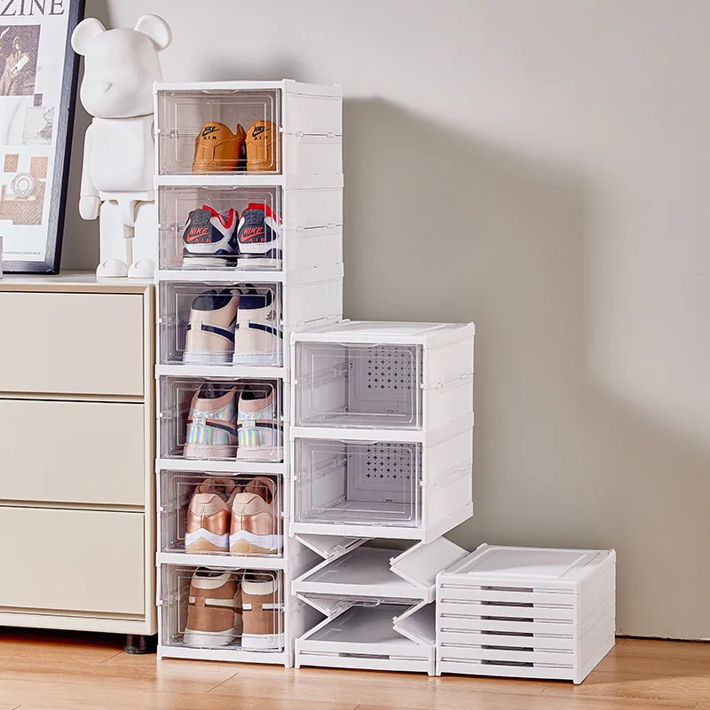 Shoe Box Folding Display Stackable Transparent Clear Plastic Acrylic Foldable Home Organizer Box Storage Shoes Rack For Shoes