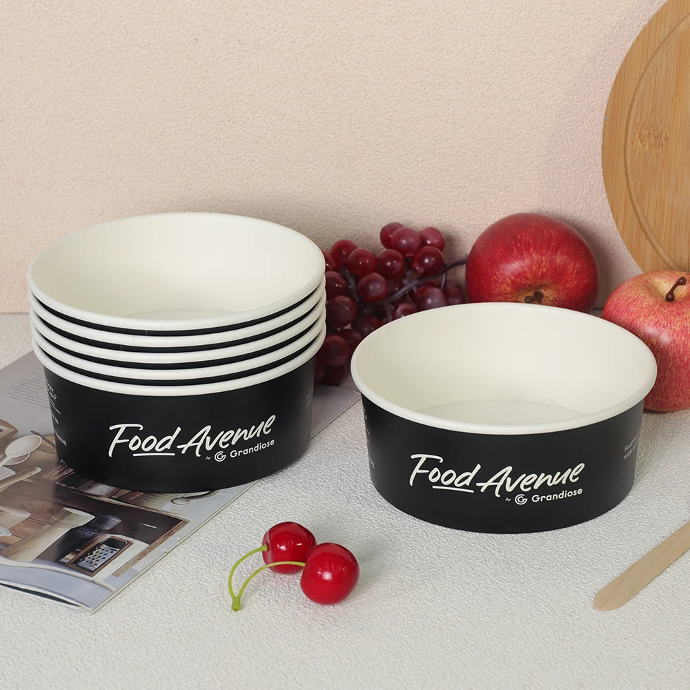 Take Away Salad Bowl Colorful Black Printing Paper Bowls Food Container With PP PET lid