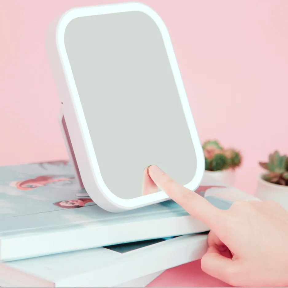 Rechargeable Lighted Vanity Mirror, Dimmable Table Countertop Cosmetic Travel Mirror with Touch Screen Switch
