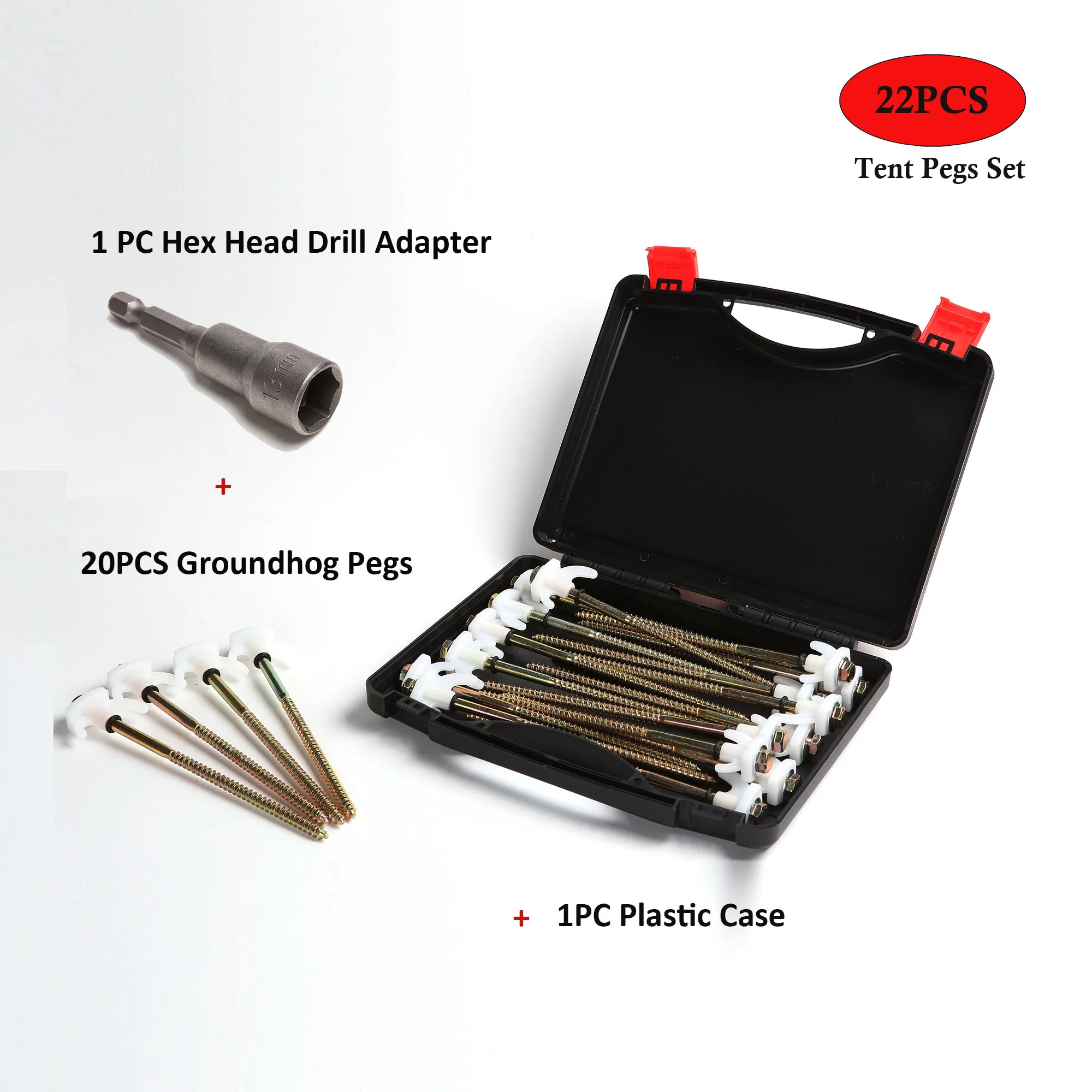 
22PCS Power Tent Pegs Pack with Plastic Case,Hardstanding Ground Rock Peg Set ,Hex drill bit included 