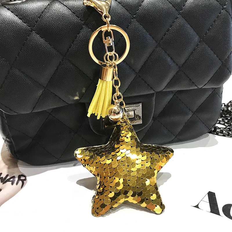 New arrival factory price double sided sequins star bling sparkling promotional car keychain