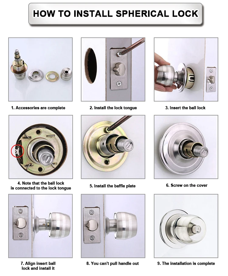 Factory Antique Furniture Fittings Stainless Steel Silver Gold Bathroom Wood Door Round Knob Ball Cylindrical Lock With Key