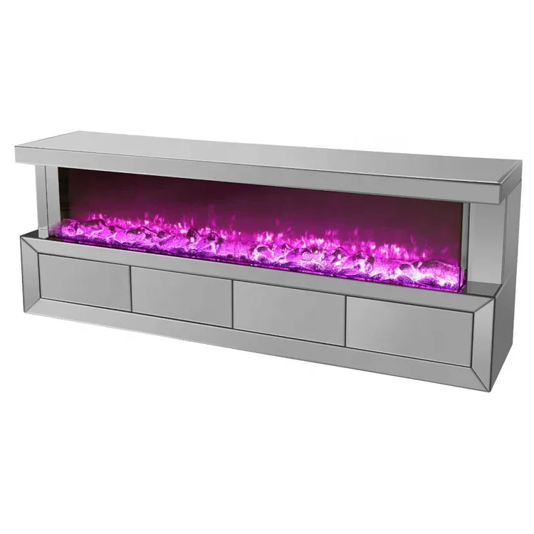 2022 new design long mirrored buffet sideboard cabinet with multi colours fireplace insert for modern living room