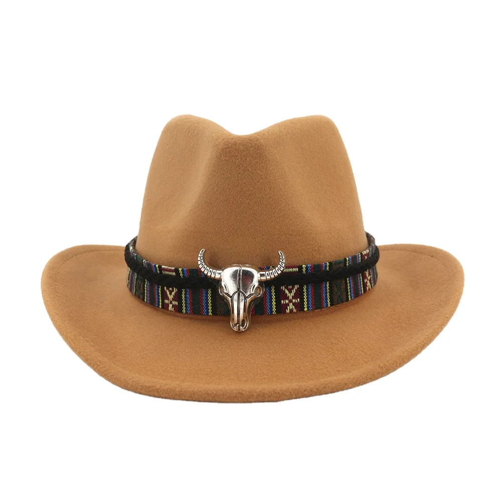 Men Ethnic Straps Woolen Western Cowboy Cap Women Metal Cattle Horns Label Gentleman Caps Retro Adjustable Couple Fedora Hats