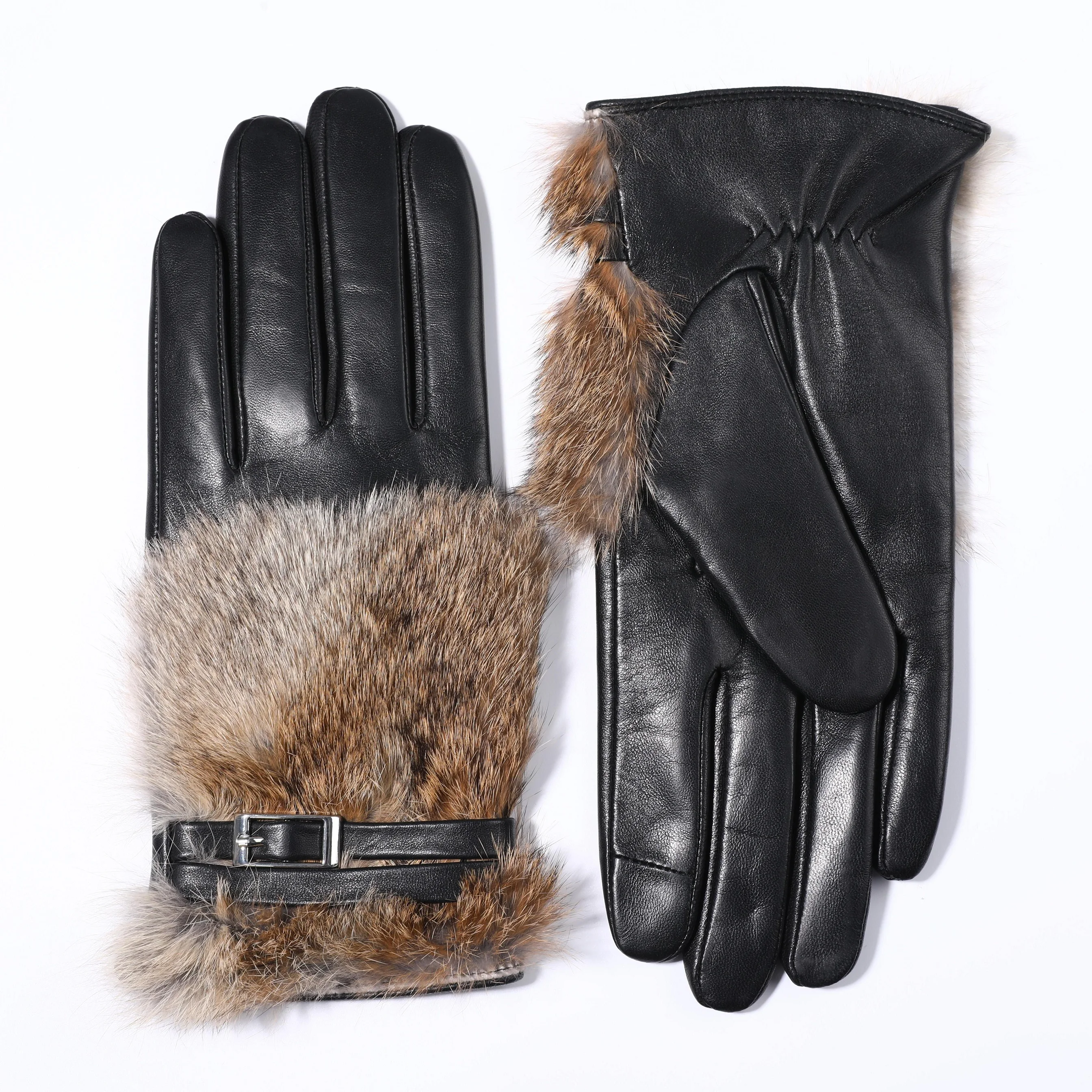 Luxury Imported Real Rabbit Fur Leather Gloves Women Black Sheepskin Genuine Leather Winter Thick Warm Gloves