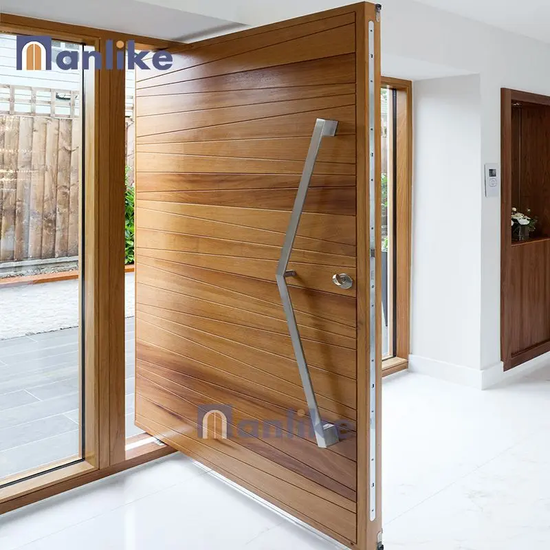 European Luxury House Front Modern Pivot Doors Wooden Entrance Door With Long Handle Modern Villa Main Door