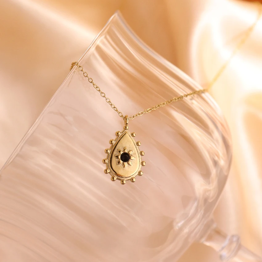 Vintage Dainty Necklace Cute Charm Pendant High Polished Stainless Steel Teardrop Shape Natural Stone Pendant Necklace for Daily