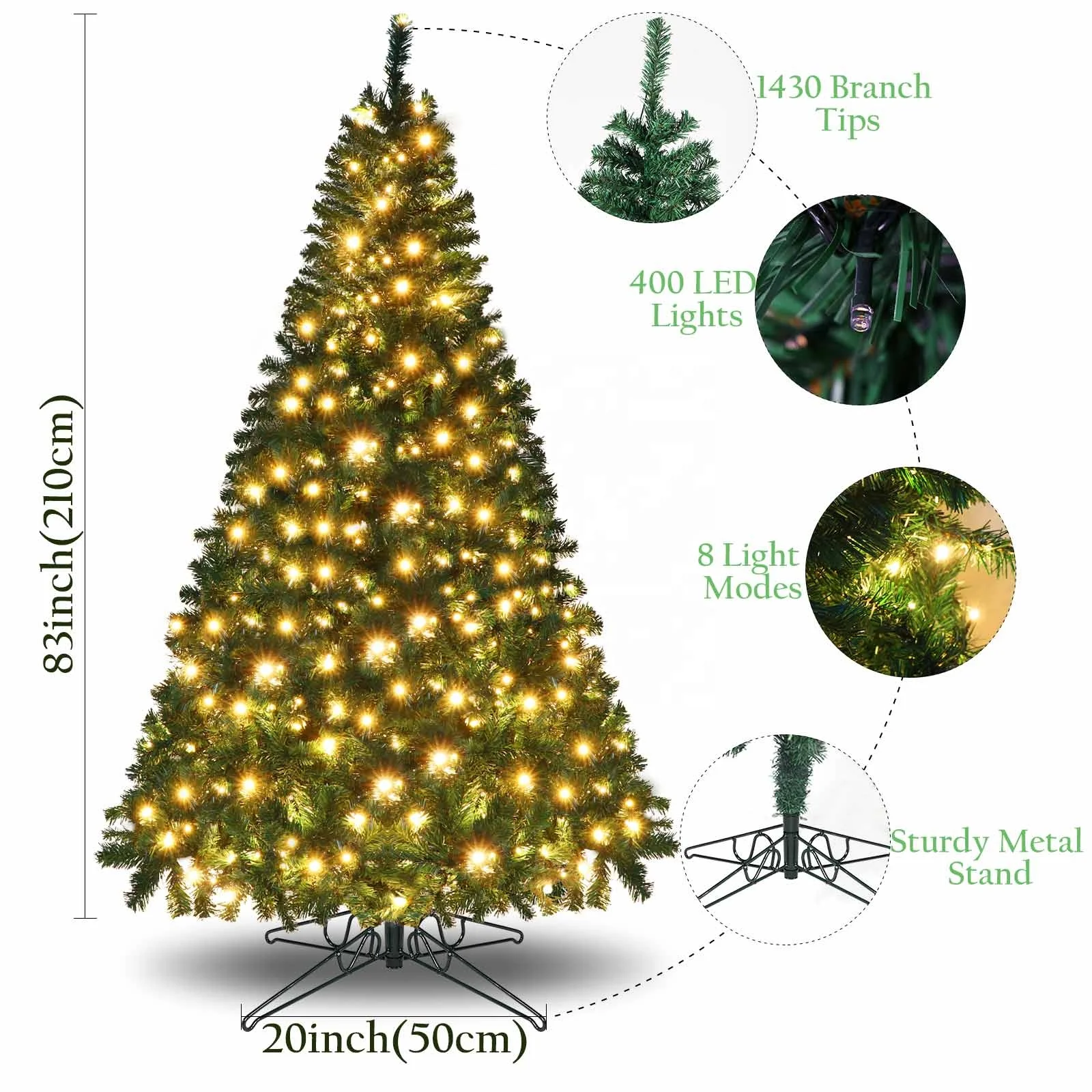 Ourwarm Factory Customized Outdoor Indoor 7ft PVC LED Artificial Prelit Christmas Tree with 400pcs mini bulb