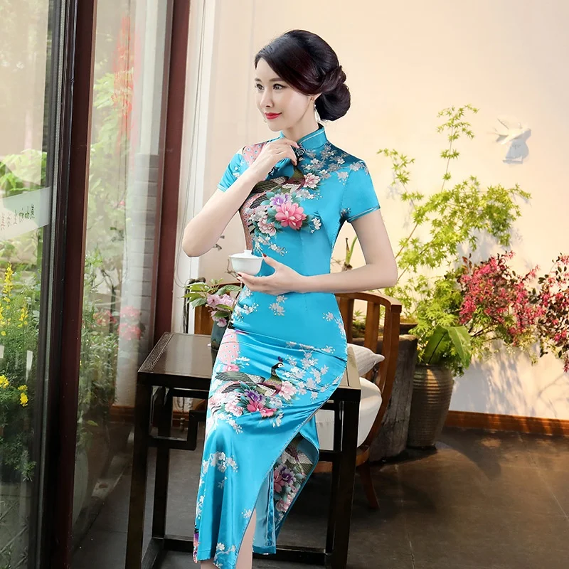 
wholesale Chinese silk Qipao newest sexy short sleeve cheongsam long luxury prom dress for women 