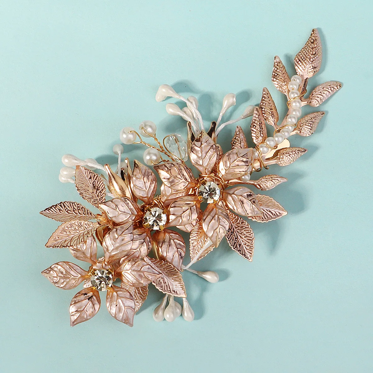 SLBRIDAL Alloy Flower Leaf Crystal Rhinestones Pearls Bridal Hair Comb Hair Pin Wedding Hair accessories Women Jewelry