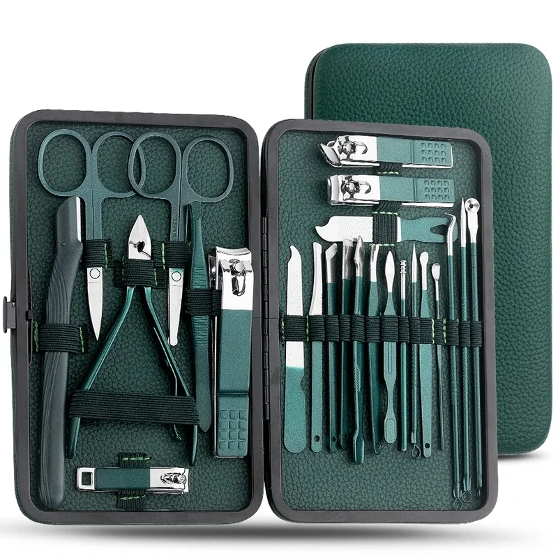 Nail Clipper Set 7-24 PCS Green Stainless Steel Nail Scissors Manicure Tools Pedicure Care Cuticle Nipper Travel Kit Nail Art To