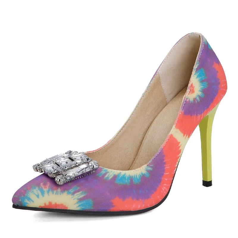 Rhinestones Pumps for Women Thin High Heels Pointed Toe Ladies Shallow Pump Mixed Colors Party Weddings Dress Ladies Print Shoes