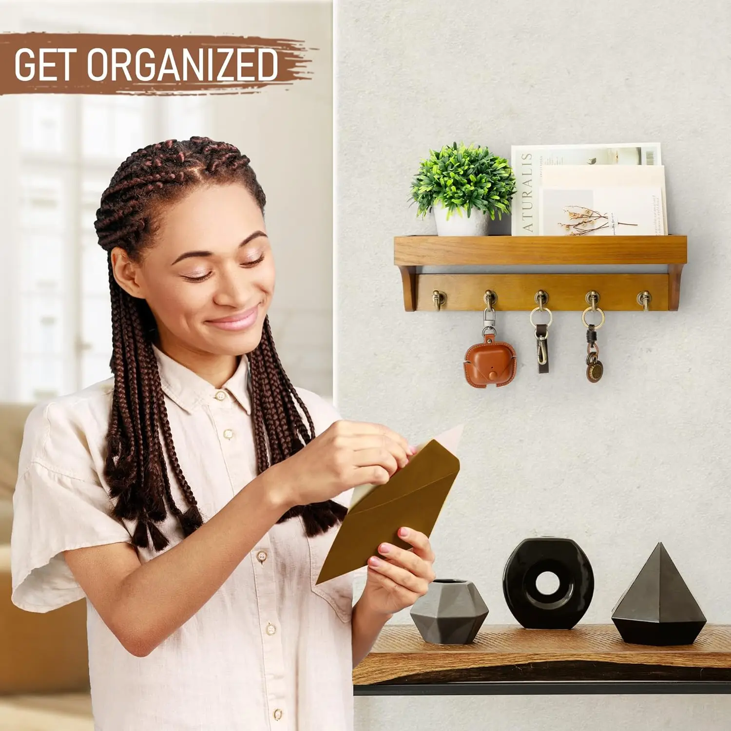 Wooden Key Holder for Wall Decorative Mail and Key Rack Key Loop and Hook Wall Mounted Key Holder Hotel Car Key Card Holder