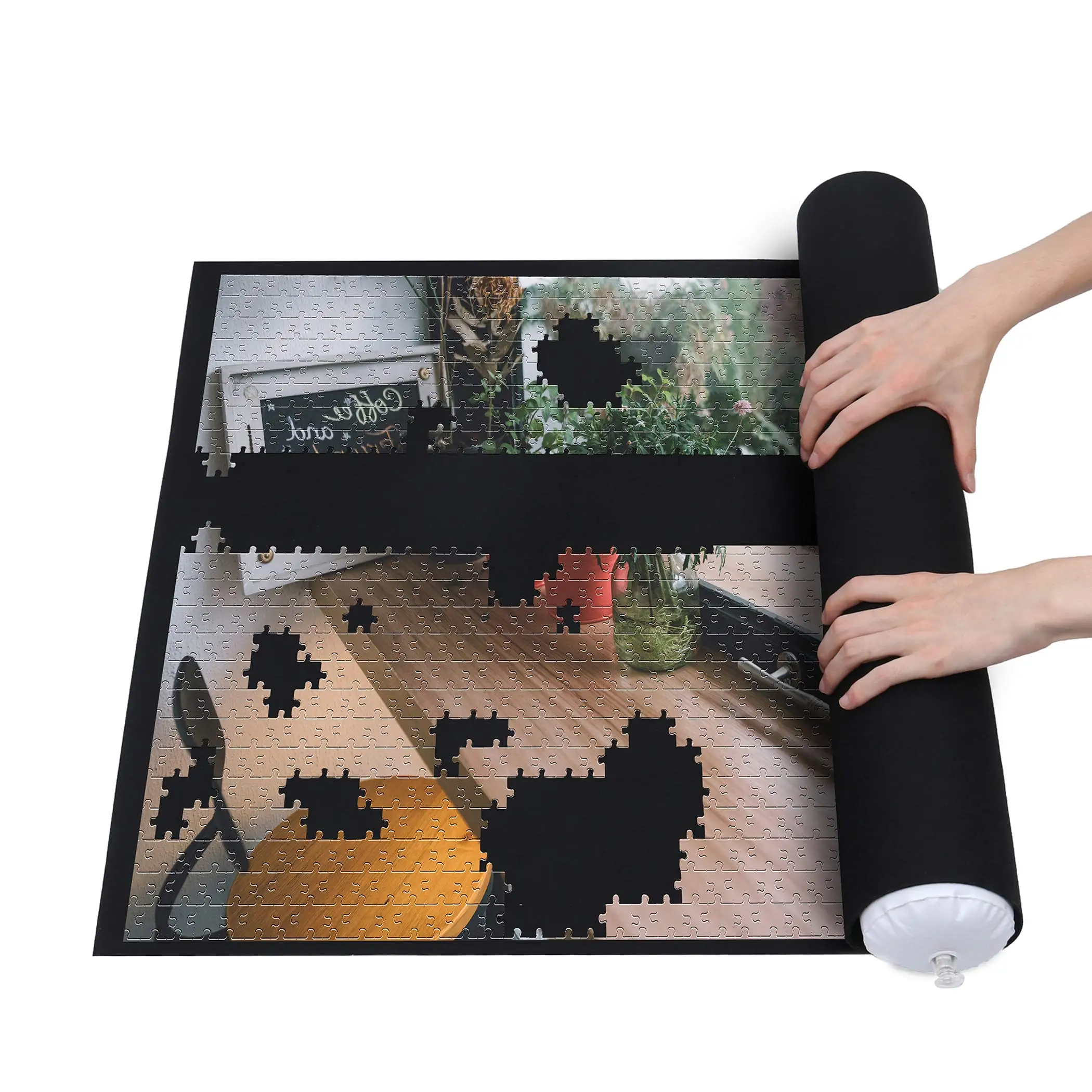 Large Puzzle Roll Up Mat Store Transport Jigsaw Puzzles 1500 Pieces 46X26 Inch Felt Mats Inflatable Tube 3 Elastic Fasteners
