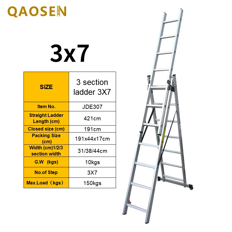 3 Section Extension Ladder Aluminum Silver Multipurpose 7 Steps  Work Stairs