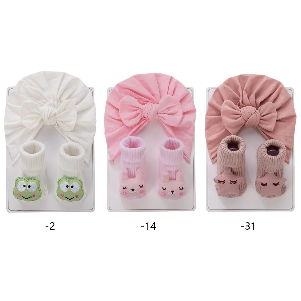 Boutique DIY Sweet Cartoon Baby Hat With Socks Set Baby Girls Turban Headband With Socks Bunny Bows Red Heart Socks Wholesale