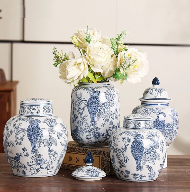European blue and white round parrot ceramic canister set porcelain china mini flower vase
