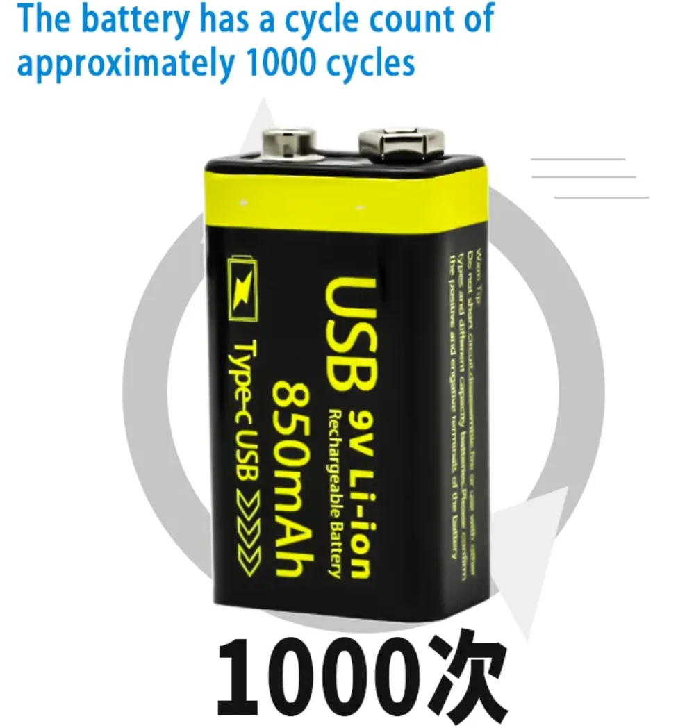 Super power 9V 850mah rechargeable lithium batteries 6F22 customized Type-C usb rechargeable 9V battery cheap cost wholesale
