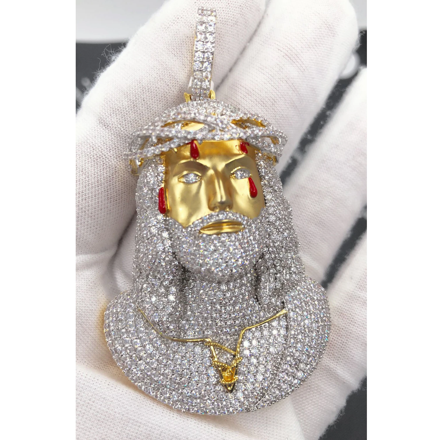 2024 top quality hip hop men jewelry micro pave cz 14k gold two tone plated red enamel dripping jesus piece necklace