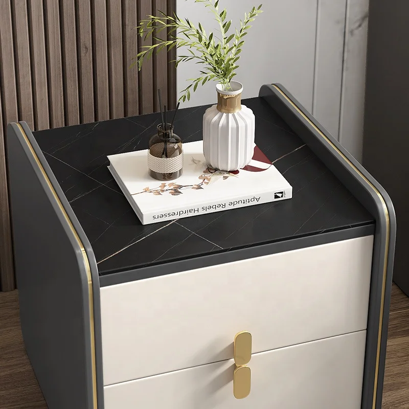 Light luxury rock plate countertop storage bedside table with double drawer