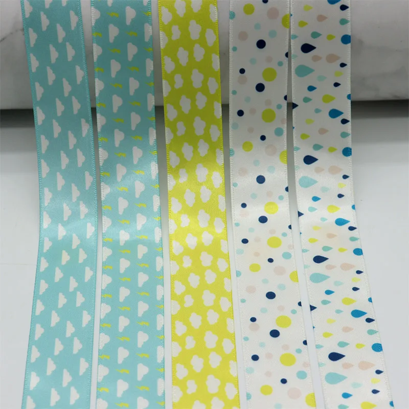 25mm custom silk ribbon heat transfer satin printed with clouds water drops