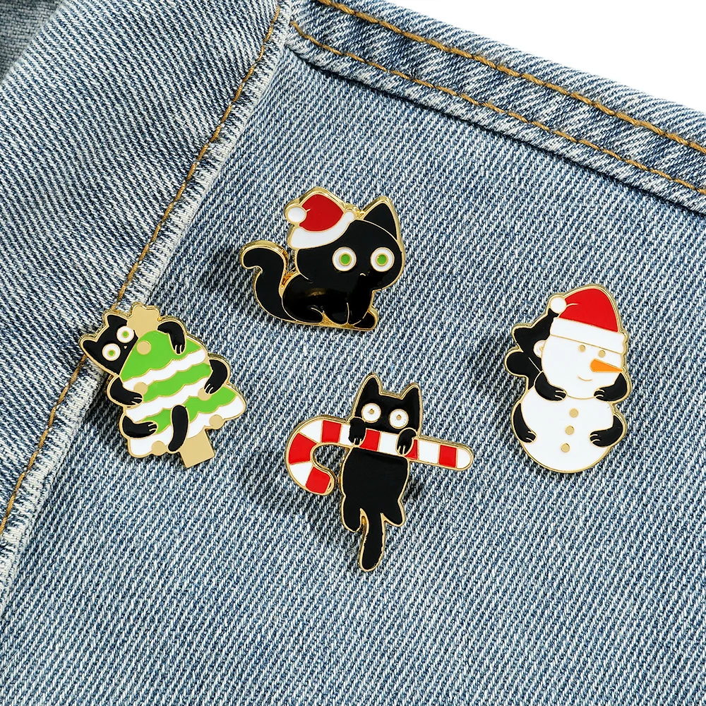 Christmas style small black cat kitten hugging Christmas tree alloy enamel pin badges