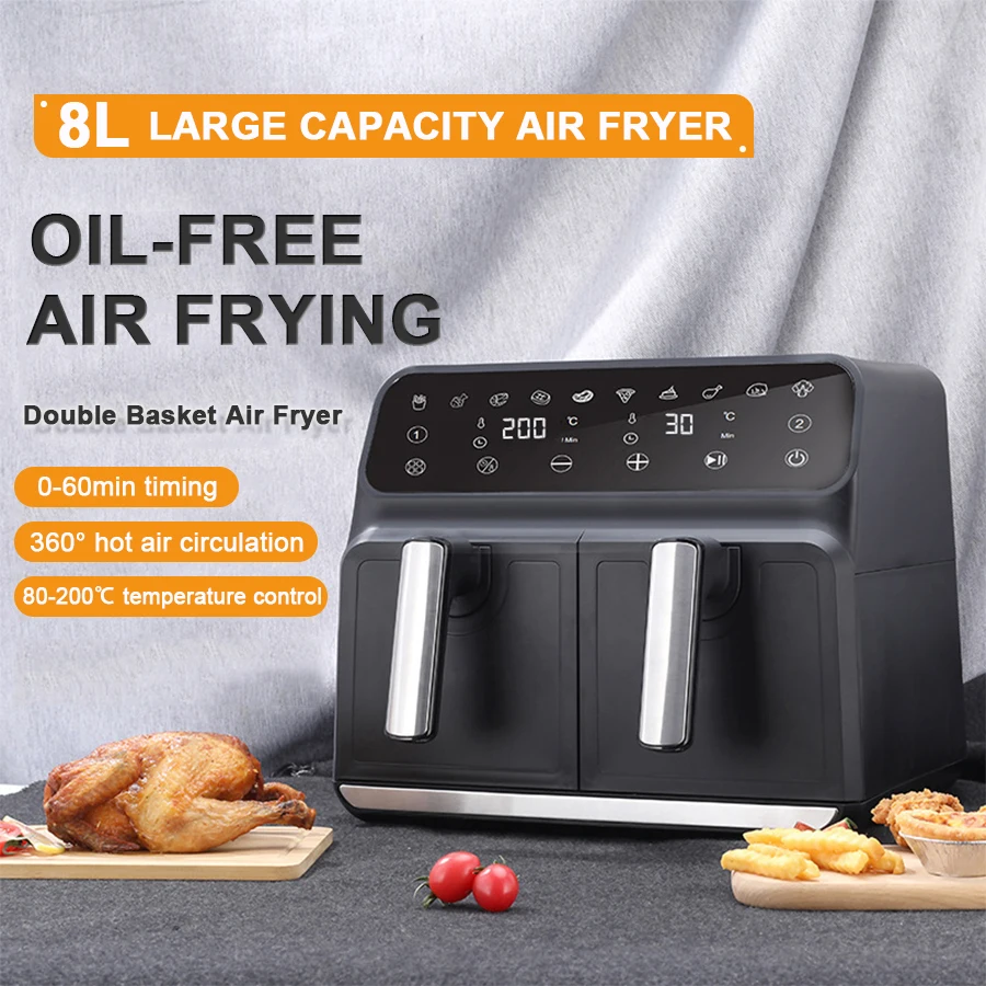 Professional 4L+4L Large Capacity 8 Liters Air Fryer De 8L Dual Drawer Zone Smart Square Air Fryers with Two Basket