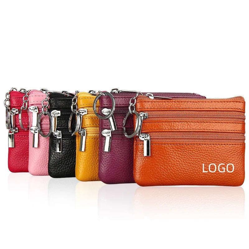 Factory Custom Exquisite Zipper Keychain Genuine Leather Mini Coin Purse Wallet