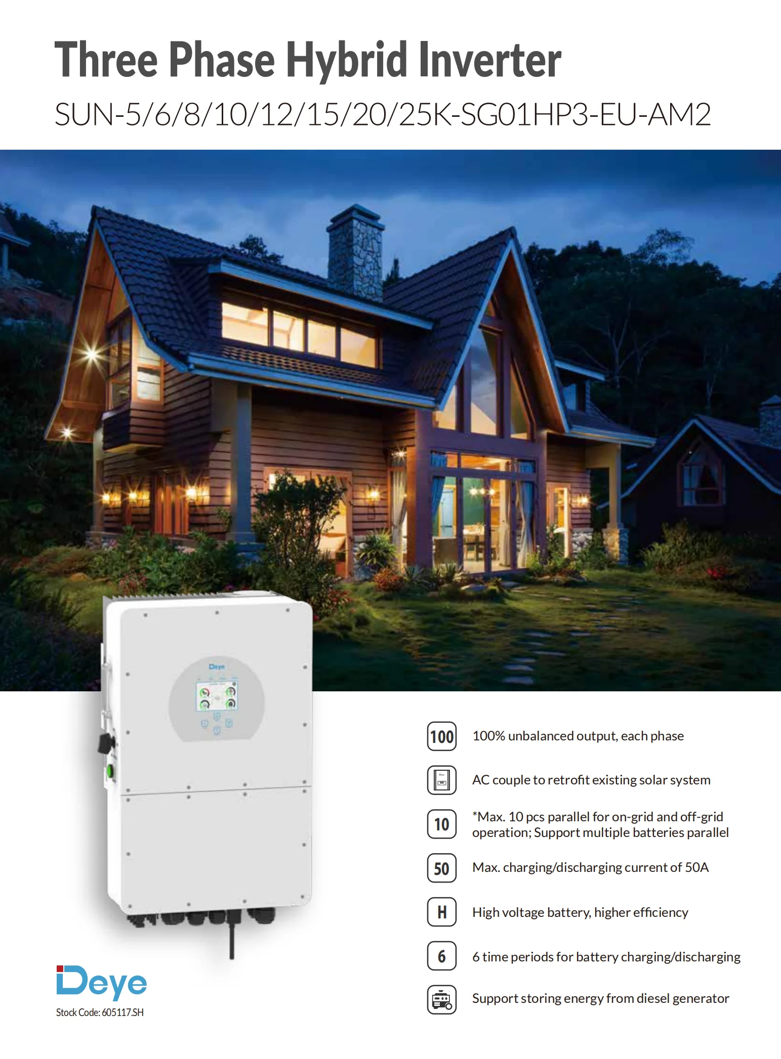 Deye Hybrid Solar Inverter SUN-6K-SG01HP3-EU Three Phase HV Battery Solar Inverter For Home Appliance 6KW Solar Power Inverter