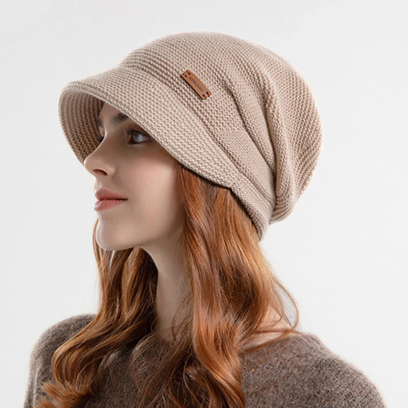 Wholesale Womens Knitted Hat with Visor Brim Winter Slouchy Beanie Hat Warm Fleece Lined Skull Snow Caps