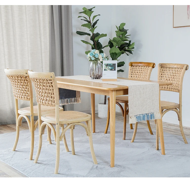 Antique Chinese Traditional Handmade Paper Cord Wood Vineyard Weaved Rattan Cane Dining Chair