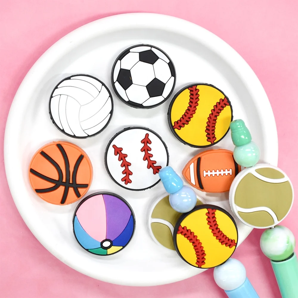 Multi Baseball Football Soccer Basketball Focal Beads Wholesale for pens ball pattern pvc Focal Beads for Keychain Diy