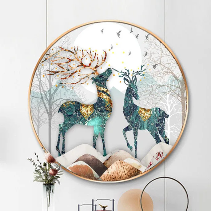Best price light luxury elk fortune deer art crystal porcelain wall artwork framed circular painting