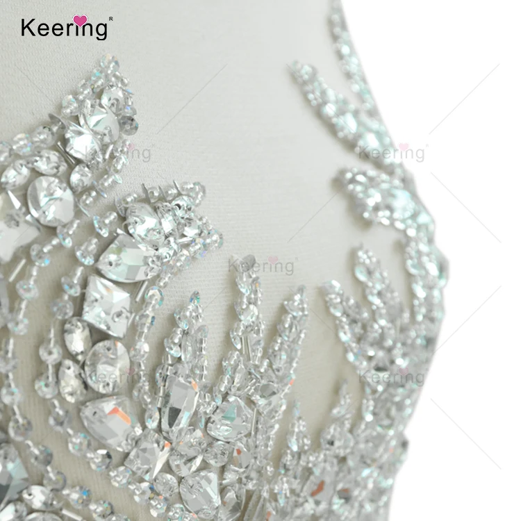 Shiny glass beads evening dress white rhinestone  bodice applique on bridal WDP-109