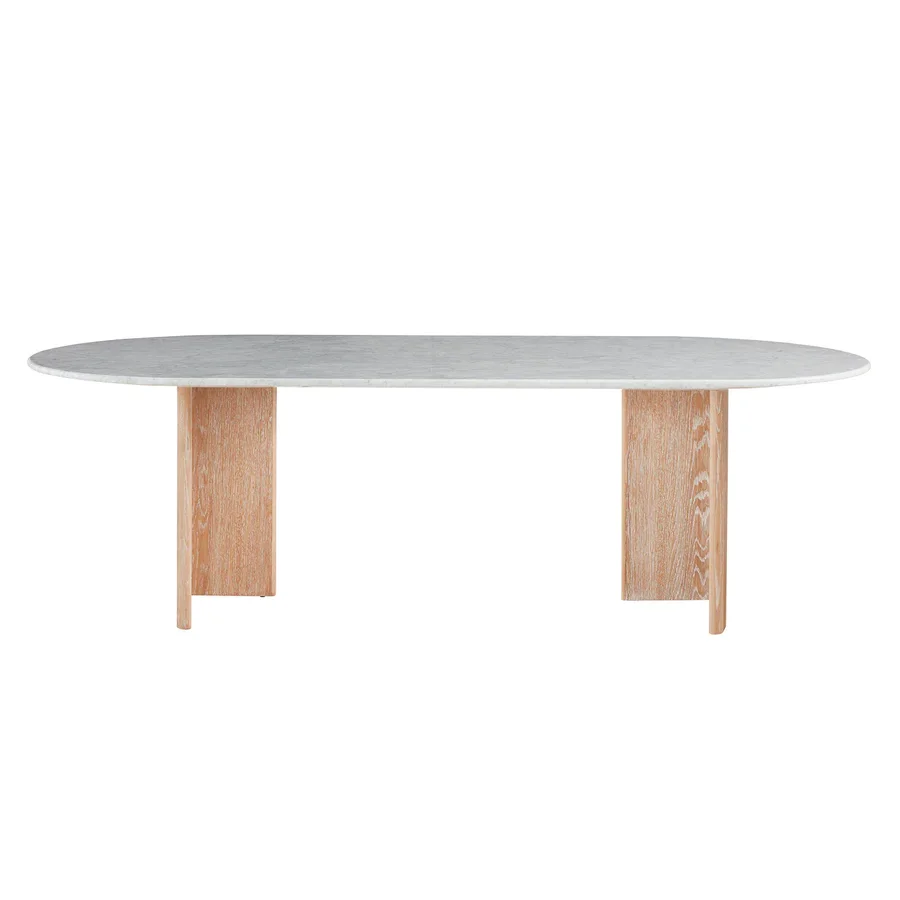 Jonathan adler BRUSSELS T-BASE  oak base dining table with capsule oval shaped white marble top for 6 to 8 seats dining table