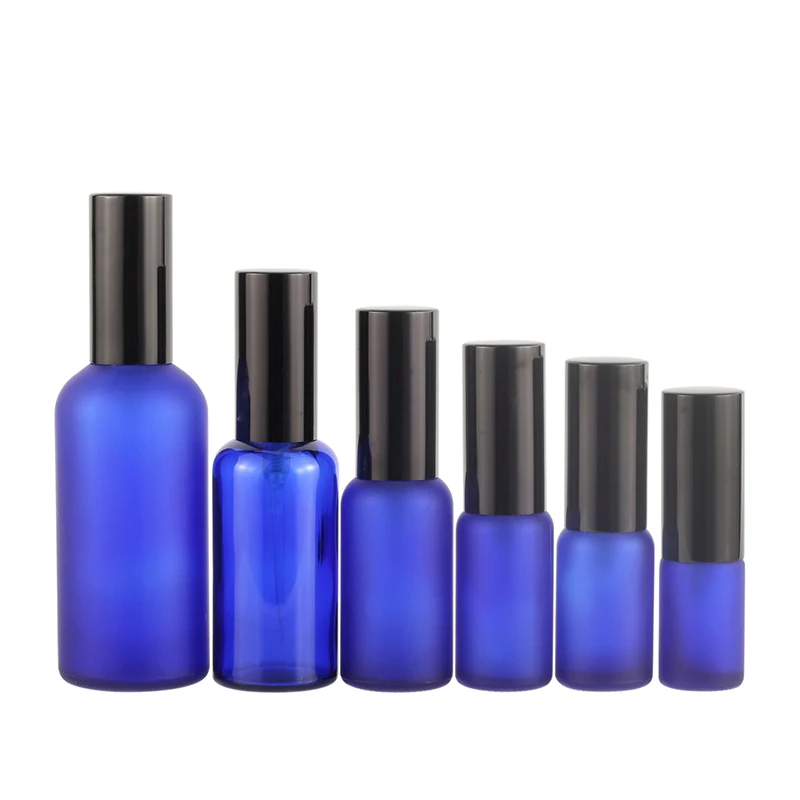 Full Set 10Ml 20Ml 30Ml 50Ml Blue Cylinder Glass Oil Bottle Gold Aluminum Pump Spray Bottles