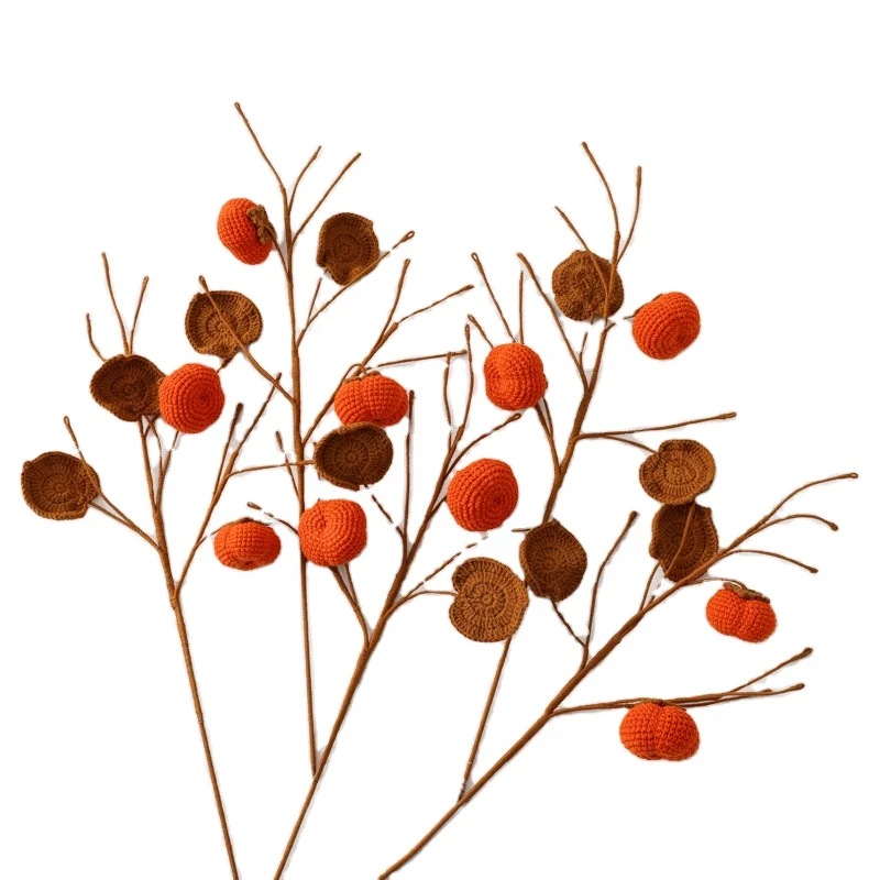 Persimmon hand-knitting festivals gift crochet artificial fruit flower branches home decor DIY yarn finished product